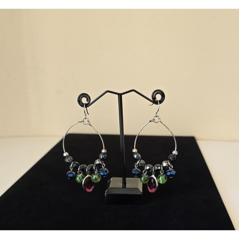 Peacock Beaded Hoop Earrings - Multi-Color Dangle Drop Boho Iridescent Faceted